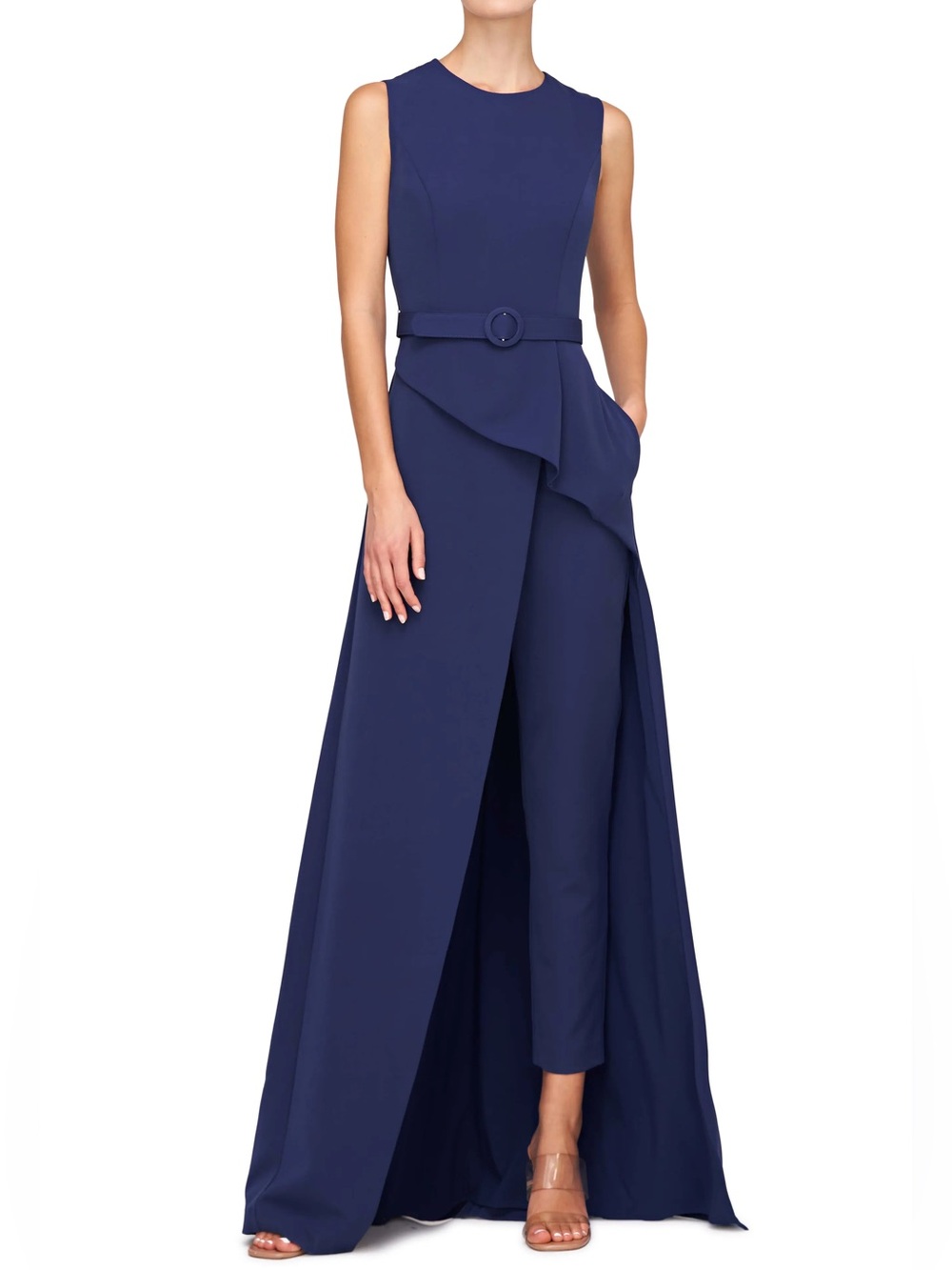 Kay Unger Sleeveless Navy Asymmetrical Overlay Jumpsuit Gown with Belt - 16